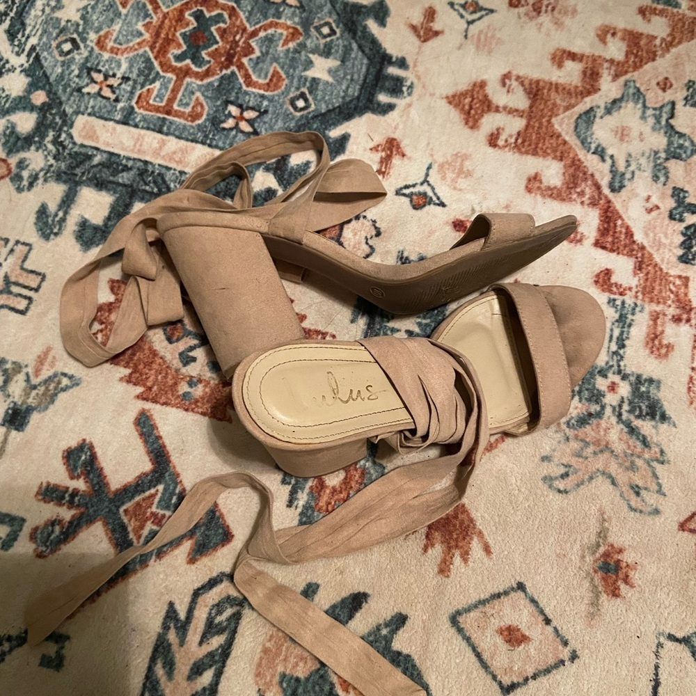 Lulus Beige Suede Wrap Heels